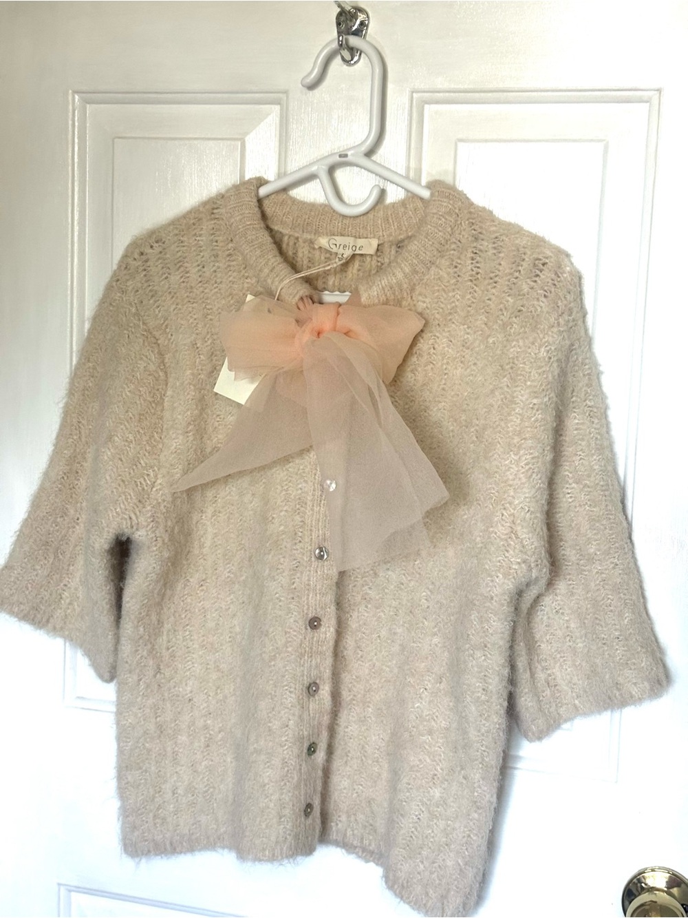 Greige Soft Soft Knit Cardigan in Beige with Organza Bow